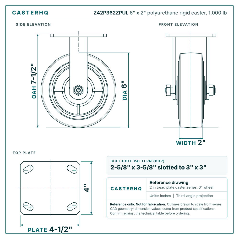 6" x 2" polyurethane rigid caster reference drawing, side, front and top plate views with dimensions