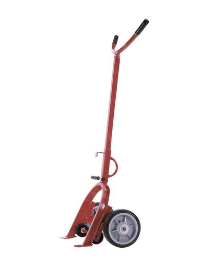 Stevens DB-W24B four-wheel drum hand truck, red frame with Y handle, curved drum hoop, front toes, two large wheels with gray hubs and two small rear wheels