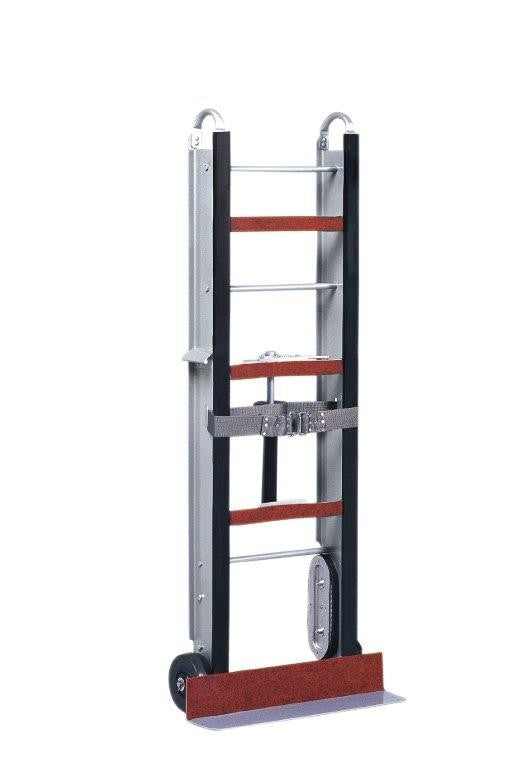 Stevens ESCORT MRT magnesium appliance hand truck, front view: silver magnesium frame, black uprights with red cross pads, strap with ratchet buckle