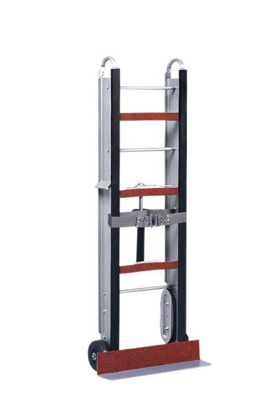 Stevens ESCORT MRT magnesium appliance hand truck, front view: silver magnesium frame, black uprights with red cross pads, strap with ratchet buckle