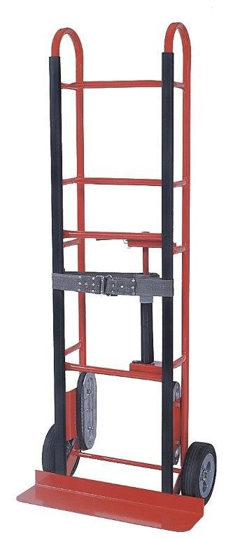 Stevens ESCORT SRT-8 steel appliance hand truck, front view: red steel frame, black vinyl uprights, strap with ratchet buckle, 8 in wheels and footplate