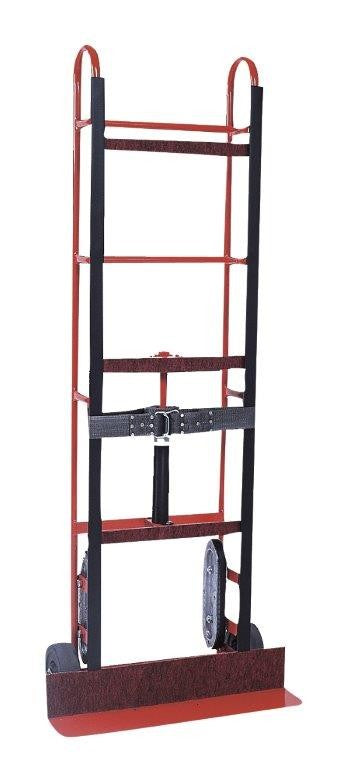 Stevens ESCORT SRT all-steel appliance hand truck, front view: red steel tube frame, black uprights, strap with ratchet and footplate