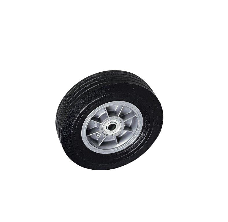 Stevens W-19 wheel used on the ESCORT SRT-8: 8 x 2-1/2 in solid rubber tire on a gray hub with 5/8 in ball bearing bore